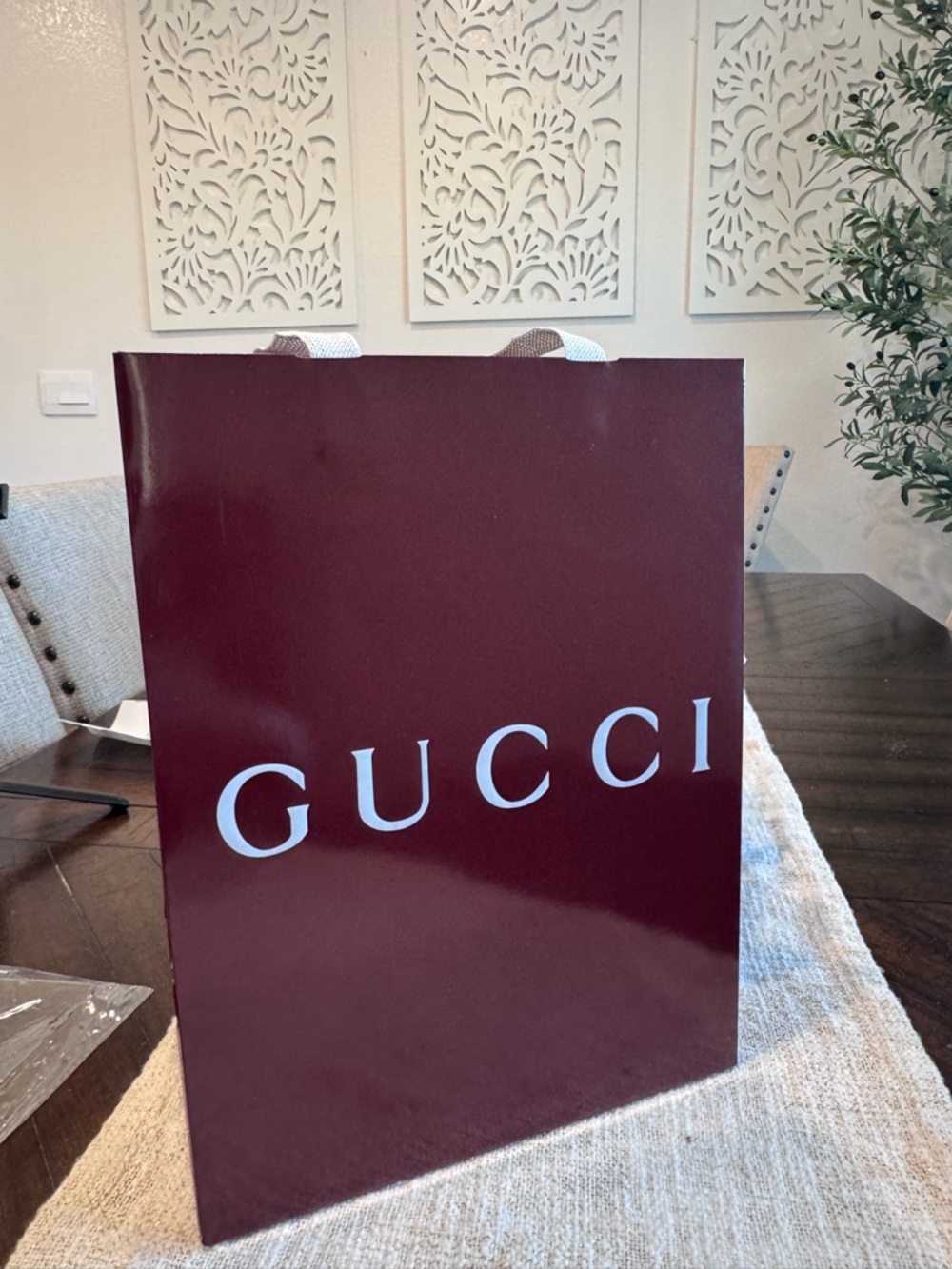 Gucci Maroon Shopping Bag with White Logo